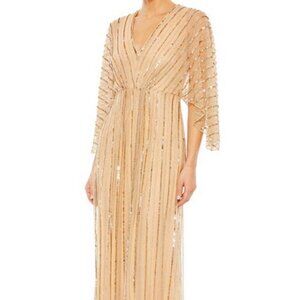 Mac Duggal Taupe Beaded Stripe Mesh A-Line Gown